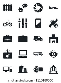 Set of vector isolated black icon - airport bus vector, bomb in case, plane, bike, satellite, settings, video camera, cell phone, laptop pc, mobile, eye id, fireplace, radiator, home message, car