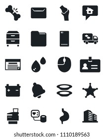 Set Of Vector Isolated Black Icon - Identity Vector, Mouse, Blood Pressure, Stomach, Joint, Broken Bone, Phone Back, Bell, Folder, Archive Box, Copier, Mail, Moving, Plates, Water, Police, Battery