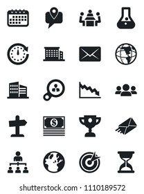 Set of vector isolated black icon - hierarchy vector, mobile tracking, meeting, office building, target, consumer search, group, clock, earth, crisis, calendar, flask, cash, mail, award cup, sand