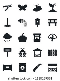Set of vector isolated black icon - fence vector, ripper, rake, watering, sproute, pruner, butterfly, lady bug, rain, well, garden knife, plant label, bench, pumpkin, pond, bird house, fertilizer