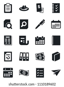 Set of vector isolated black icon - document search vector, calendar, reload, cash, news, clipboard, copybook, blank box, checklist, paper binder, contract, pen, serviette, restaurant receipt, plane