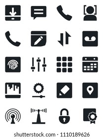 Set of vector isolated black icon - antenna vector, call, menu, message, tuning, record, scanner, calendar, notes, data exchange, download, brightness, place tag, lock, face id, fingerprint