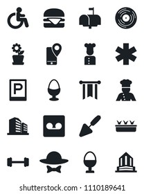 Set of vector isolated black icon - parking vector, disabled, trowel, seedling, ambulance star, barbell, mobile tracking, vinyl, record, flower in pot, mailbox, cook, egg stand, dress code, pennon