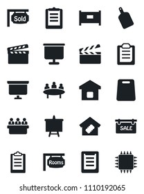 Set of vector isolated black icon - fence vector, presentation board, meeting, clipboard, clapboard, sale, rooms, sold signboard, smart home, cutting, chip