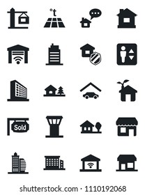 Set of vector isolated black icon - airport tower vector, elevator, office building, house, with tree, garage, sold signboard, city, crane, estate insurance, eco, warm floor, gate control