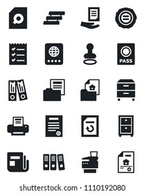 Set of vector isolated black icon - passport vector, stamp, office binder, document, reload, news, folder, search, checklist, paper, printer, tray, archive box, copier, contract, estate