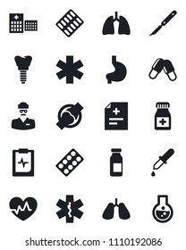 Set of vector isolated black icon - heart pulse vector, diagnosis, dropper, pills, bottle, blister, ampoule, scalpel, ambulance star, stomach, lungs, implant, joint, clipboard, hospital, doctor