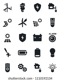 Set of vector isolated black icon - bulb vector, ripper, remote control, low battery, protect, sun panel, windmill, home, energy saving, alarm led, gear, idea