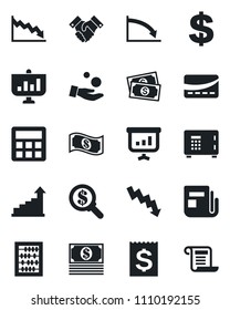 Set of vector isolated black icon - safe vector, growth statistic, dollar sign, abacus, crisis graph, cash, receipt, news, calculator, handshake, credit card, money search, investment, presentation