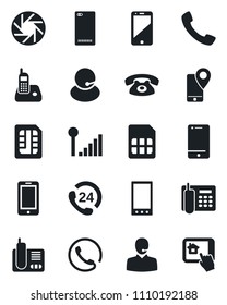 Set of vector isolated black icon - mobile phone vector, 24 hours, support, tracking, cell, radio, back, call, camera, sim, cellular signal, office, home control app