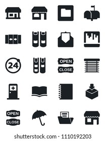Set of vector isolated black icon - 24 around vector, automatic door, umbrella, shop, medical room, book, store, package, mail, scanner, folder, copybook, document, mailbox, open close, jalousie