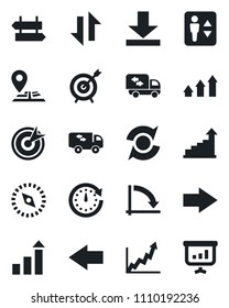 Set of vector isolated black icon - elevator vector, signpost, right arrow, left, growth statistic, crisis graph, navigation, data exchange, download, compass, update, moving, target, up, clock