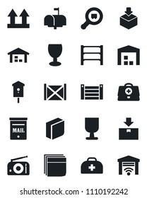 Set of vector isolated black icon - bird house vector, doctor case, container, fragile, up side sign, package, search cargo, rack, radio, blank box, mailbox, warehouse, garage gate control