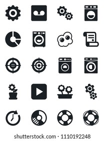Set of vector isolated black icon - washer vector, gear, circle chart, contract, play button, record, target, flower in pot, omelette, clock, crisis management