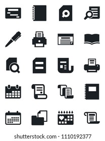Set of vector isolated black icon - contract vector, book, document search, pen, calendar, medical, folder, news, copybook, printer, schedule