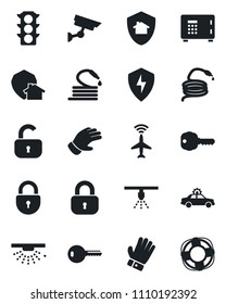Set of vector isolated black icon - plane radar vector, alarm car, safe, lock, glove, hose, traffic light, protect, key, home, surveillance, sprinkler, crisis management