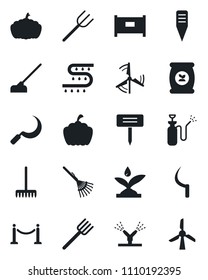 Set of vector isolated black icon - fence vector, farm fork, rake, hoe, sickle, plant label, pumpkin, garden sprayer, fertilizer, drip irrigation, windmill
