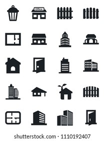 Set of vector isolated black icon - office building vector, fence, house, garden light, store, with garage, plan, city, cafe, eco, door