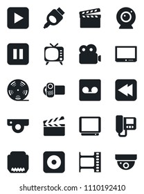 Set of vector isolated black icon - clapboard vector, film frame, reel, tv, video camera, play button, pause, rewind, rec, hdmi, record, web, intercome, surveillance