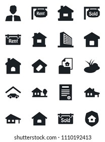 Set of vector isolated black icon - office building vector, house, pond, contract, with garage, tree, estate document, rent, sold signboard, agent, smart home, insurance