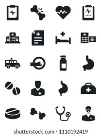 Set of vector isolated black icon - heart pulse vector, doctor case, diagnosis, stethoscope, pills, ampoule, tomography, ambulance car, hospital bed, stomach, broken bone, clipboard