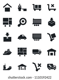 Set of vector isolated black icon - sea shipping vector, truck trailer, car delivery, port, consolidated cargo, warehouse storage, no trolley, package, search, moving