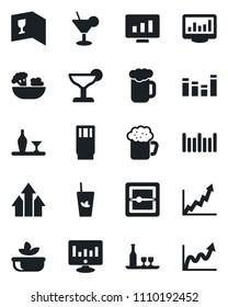 Set of vector isolated black icon - statistic monitor vector, barcode, equalizer, scanner, statistics, alcohol, wine card, drink, cocktail, phyto bar, beer, salad, arrow up graph, growth