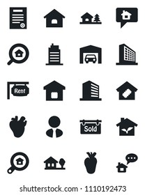 Set of vector isolated black icon - office building vector, real heart, contract, house, with tree, garage, rent, sold signboard, estate search, agent, smart home, city, eco, message