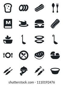 Set of vector isolated black icon - spoon and fork vector, cafe, menu, salad, plates, bacon, waiter, bread, chicken, steak, kebab, hamburger, ladle, bowl