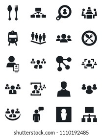 Set of vector isolated black icon - spoon and fork vector, train, male, speaking man, team, patient, group, user, company, hr, meeting, client search, social media, hierarchy