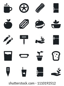 Set of vector isolated black icon - hot cup vector, seedling, plant label, diet, fridge, drink, phyto bar, salad, bacon, bread, kebab, dog, apple fruit, fan, palm sproute