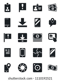 Set of vector isolated black icon - mobile phone vector, identity card, important flag, cash, tracking, cell, camera, download, application, restaurant receipt, home control app