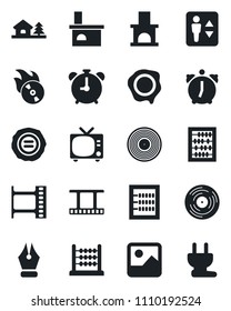 Set of vector isolated black icon - elevator vector, alarm clock, tv, abacus, stamp, fireplace, film frame, vinyl, flame disk, gallery, ink pen, house with tree, power plug