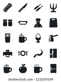 Set of vector isolated black icon - hot cup vector, sickle, coffee, fridge, cook, restaurant table, cafe, drink, bacon, egg stand, salt and pepper, candle, kebab, dog, cutting board, knife, turkish