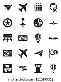 Set of vector isolated black icon - plane vector, airport tower, radar, wind, helicopter, seat map, globe, air conditioner, fan, paper, balloon