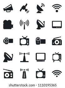 Set of vector isolated black icon - antenna vector, satellite, radio, loudspeaker, tv, video camera, wireless