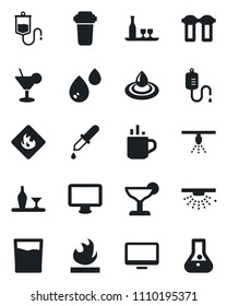 Set of vector isolated black icon - hot cup vector, dropper, flammable, monitor, alcohol, drink, cocktail, water, filter, sprinkler, flask