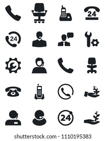 Set of vector isolated black icon - 24 around vector, office chair, phone, hours, support, speaker, radio, call, root setup, palm sproute