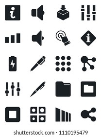 Set of vector isolated black icon - package vector, sorting, settings, touch screen, stop button, menu, folder, charge, application, pen, sound, information, social media