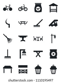 Set of vector isolated black icon - cafe vector, ladder car, rake, sickle, garden light, picnic table, fertilizer, bike, alcove, outdoor lamp