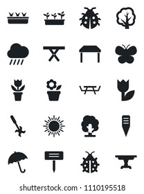 Set of vector isolated black icon - umbrella vector, sun, flower in pot, tree, butterfly, lady bug, seedling, rain, plant label, picnic table, ripper, tulip
