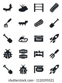 Set of vector isolated black icon - job vector, garden fork, shovel, lady bug, caterpillar, pond, rack, rent, bacon, open close, rocket