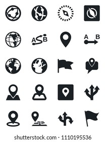 Set of vector isolated black icon - route vector, navigation, earth, pin, mobile tracking, network, place tag, compass, flag