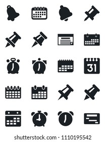 Set of vector isolated black icon - alarm clock vector, drawing pin, calendar, term, paper, bell, schedule
