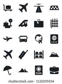 Set of vector isolated black icon - plane vector, runway, taxi, suitcase, baggage trolley, airport bus, umbrella, passport, ladder car, seat map, luggage storage, scales, globe, mountains, case