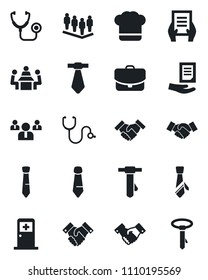 Set of vector isolated black icon - medical room vector, handshake, team, tie, document, stethoscope, meeting, cook hat, case