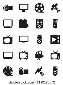 Set of vector isolated black icon - tv vector, reel, satellite, video camera, remote control, monitor