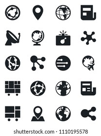 Set of vector isolated black icon - satellite antenna vector, bomb in case, globe, plane, earth, pin, consolidated cargo, network, share, news, social media