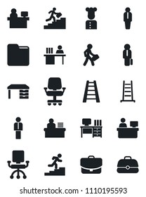 Set of vector isolated black icon - manager vector, desk, place, ladder, folder, career, cook, office chair, case
