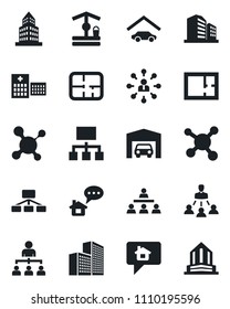 Set of vector isolated black icon - hierarchy vector, well, molecule, hospital, office building, garage, plan, home message